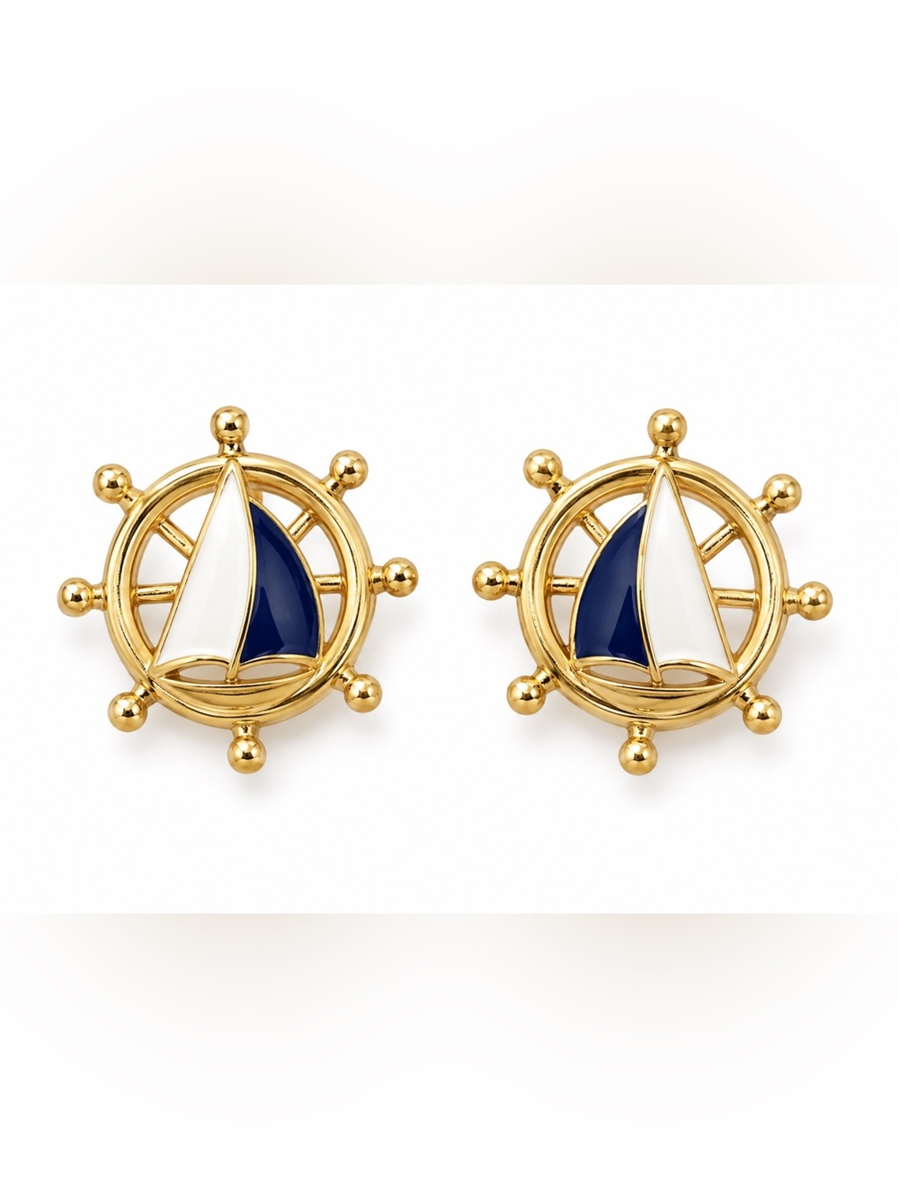 AVON Vintage Stud Earrings Sailboats Nautical Blue White Enamel Signed Gold Tone